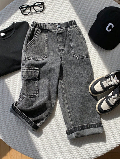 Kids Young Boy Casual Loose Comfortable Versatile Denim Jeans, Suitable For Street Style, Daily Wear, Vacation, Easy Comfort, Layers For Kids Spring Summer Autumn Winter