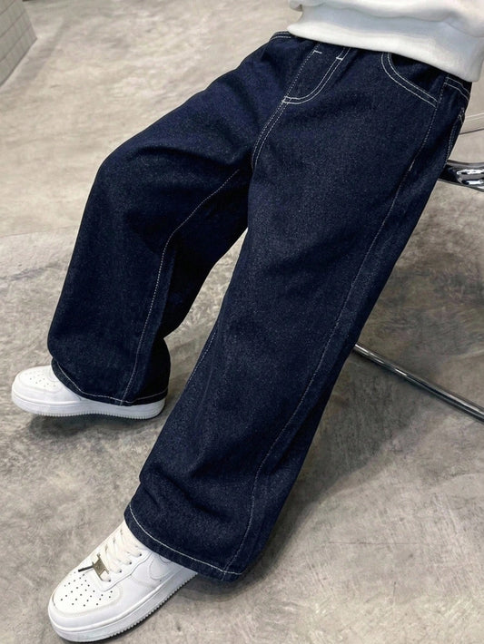 Kids Young Boys' New Casual Basic Dark Blue Loose Fit Denim Baggy Jeans,Fall/Winter,For Boys Back To School Clothes,New Year Outfits,Halloween Outfits