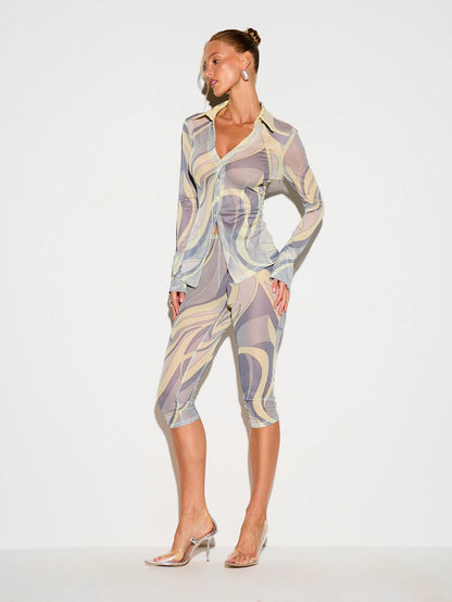 KIZN Swirl Print High Rise Cropped Leggings With Stretchy Fit And Abstract Purple Grey Pattern For Casual Summer Wear