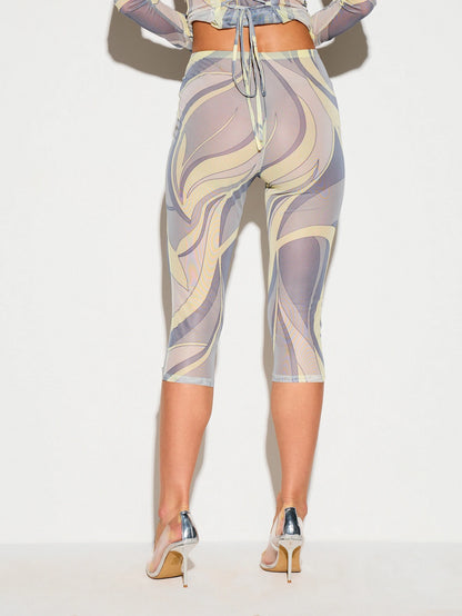 KIZN Swirl Print High Rise Cropped Leggings With Stretchy Fit And Abstract Purple Grey Pattern For Casual Summer Wear