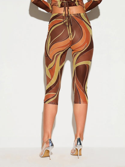 KIZN Swirl Print High Rise Cropped Leggings With Stretchy Fit And Abstract Purple Grey Pattern For Casual Summer Wear