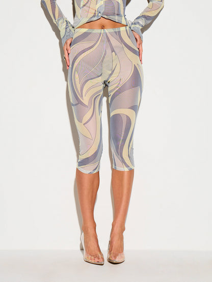 KIZN Swirl Print High Rise Cropped Leggings With Stretchy Fit And Abstract Purple Grey Pattern For Casual Summer Wear