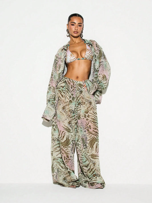 KIZN Women's Mixed Animal Print Wide Leg Beach Cover Up Trouser With Elastic Waist Summer Vacation Resort Wear
