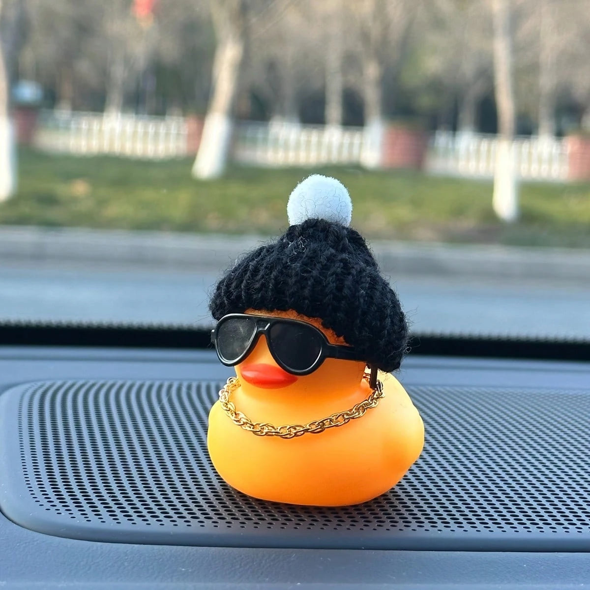 Knit Cap Yellow Duck Car Dashboard Decor With Fashion Glasses & Chain, PVC Auto Interior Accessories As Fun Holiday Gift For Men & Women, Car, Car Accessories, Auto, Car Essential, Car Interior Access