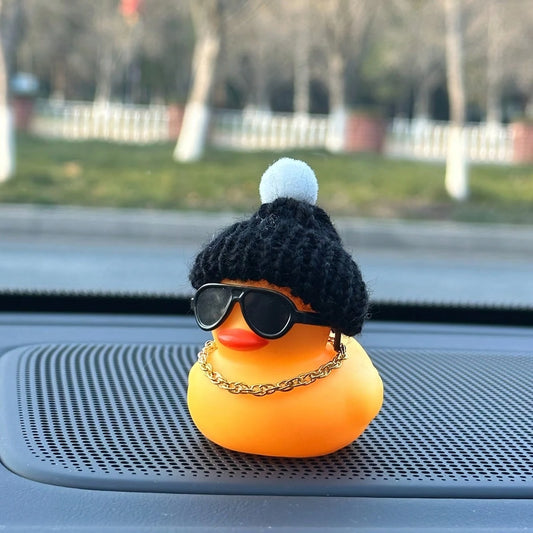 Knit Cap Yellow Duck Car Dashboard Decor With Fashion Glasses & Chain, PVC Auto Interior Accessories As Fun Holiday Gift For Men & Women, Car, Car Accessories, Auto, Car Essential, Car Interior Access