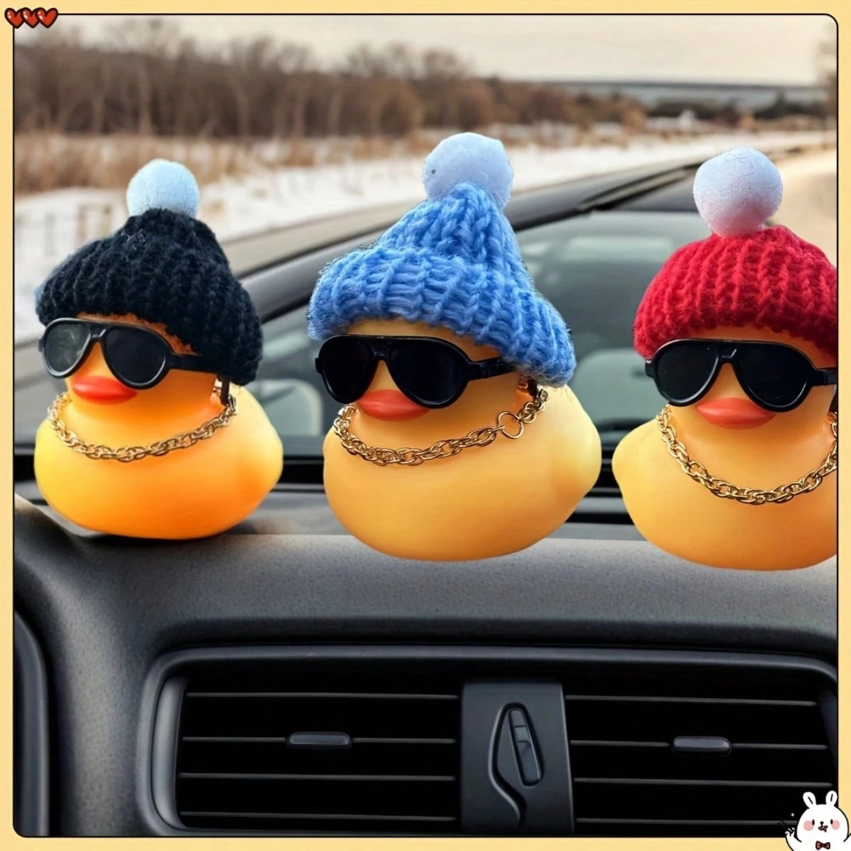 Knit Cap Yellow Duck Car Dashboard Decor With Fashion Glasses & Chain, PVC Auto Interior Accessories As Fun Holiday Gift For Men & Women, Car, Car Accessories, Auto, Car Essential, Car Interior Access