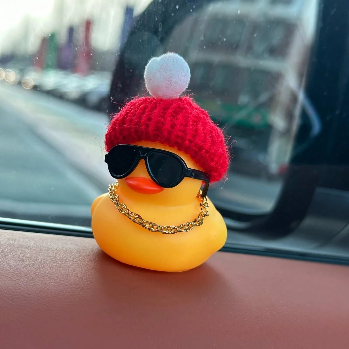 Knit Cap Yellow Duck Car Dashboard Decor With Fashion Glasses & Chain, PVC Auto Interior Accessories As Fun Holiday Gift For Men & Women, Car, Car Accessories, Auto, Car Essential, Car Interior Access