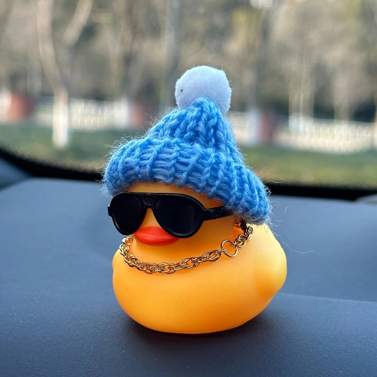 Knit Cap Yellow Duck Car Dashboard Decor With Fashion Glasses & Chain, PVC Auto Interior Accessories As Fun Holiday Gift For Men & Women, Car, Car Accessories, Auto, Car Essential, Car Interior Access