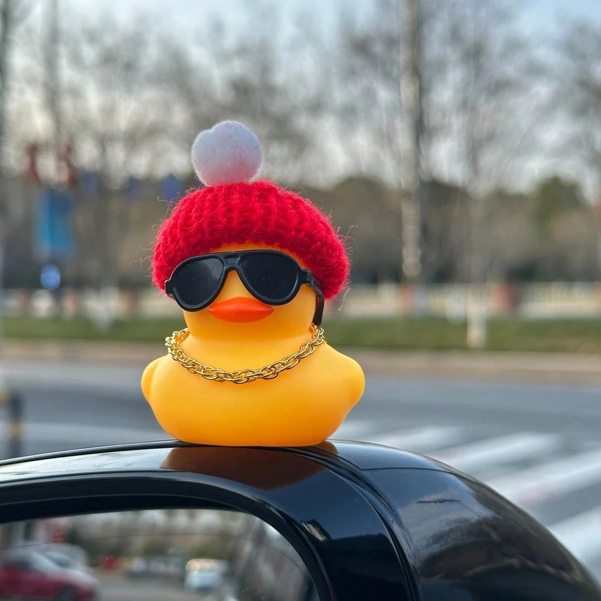 Knit Cap Yellow Duck Car Dashboard Decor With Fashion Glasses & Chain, PVC Auto Interior Accessories As Fun Holiday Gift For Men & Women, Car, Car Accessories, Auto, Car Essential, Car Interior Access