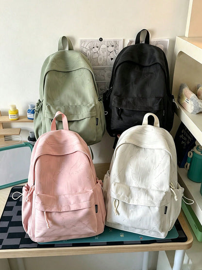 Korean Aesthetic Textured Nylon Backpack Flip Drawstring Pocket Large Capacity School Bag, Women Casual Daily Commute Rucksack For College Students Back To School Gift
