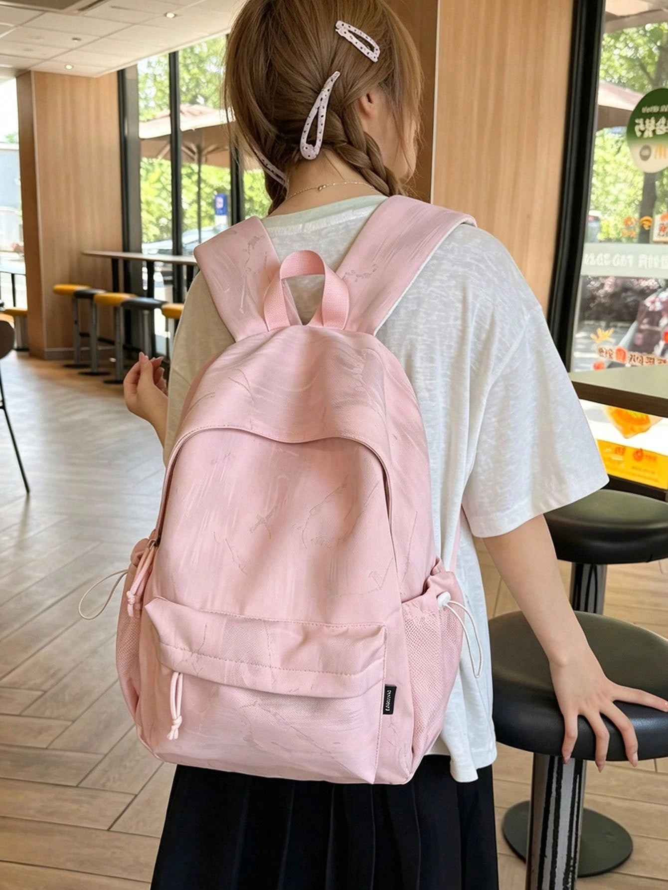Korean Aesthetic Textured Nylon Backpack Flip Drawstring Pocket Large Capacity School Bag, Women Casual Daily Commute Rucksack For College Students Back To School Gift