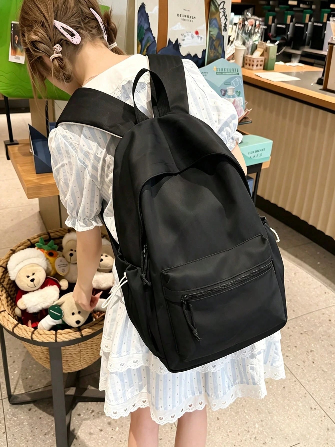 Korean Aesthetic Textured Nylon Backpack Flip Drawstring Pocket Large Capacity School Bag, Women Casual Daily Commute Rucksack For College Students Back To School Gift