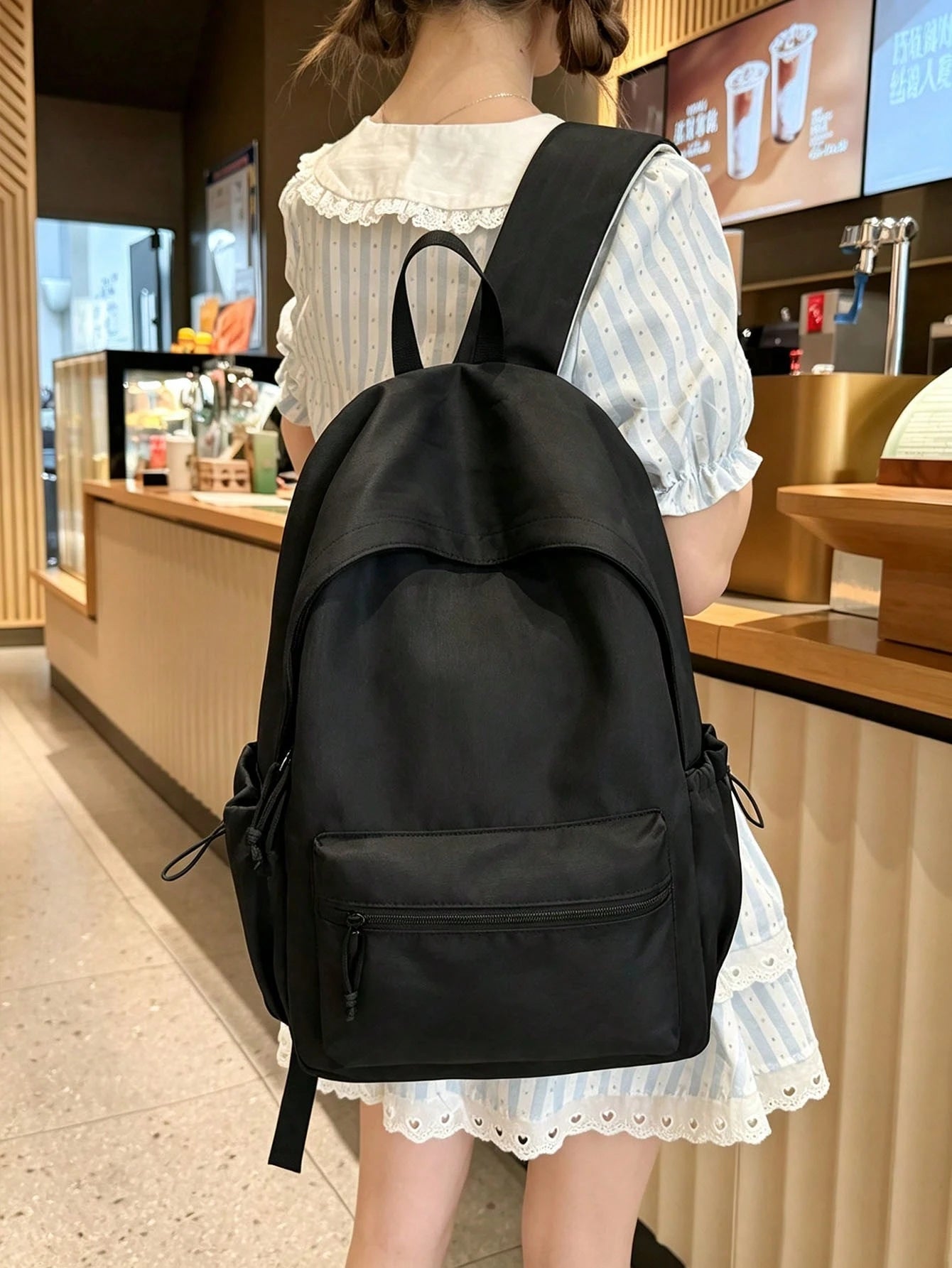 Korean Aesthetic Textured Nylon Backpack Flip Drawstring Pocket Large Capacity School Bag, Women Casual Daily Commute Rucksack For College Students Back To School Gift