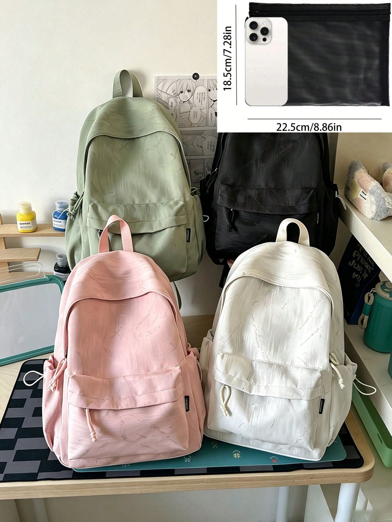 Korean Aesthetic Textured Nylon Backpack Flip Drawstring Pocket Large Capacity School Bag, Women Casual Daily Commute Rucksack For College Students Back To School Gift