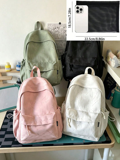 Korean Aesthetic Textured Nylon Backpack Flip Drawstring Pocket Large Capacity School Bag, Women Casual Daily Commute Rucksack For College Students Back To School Gift