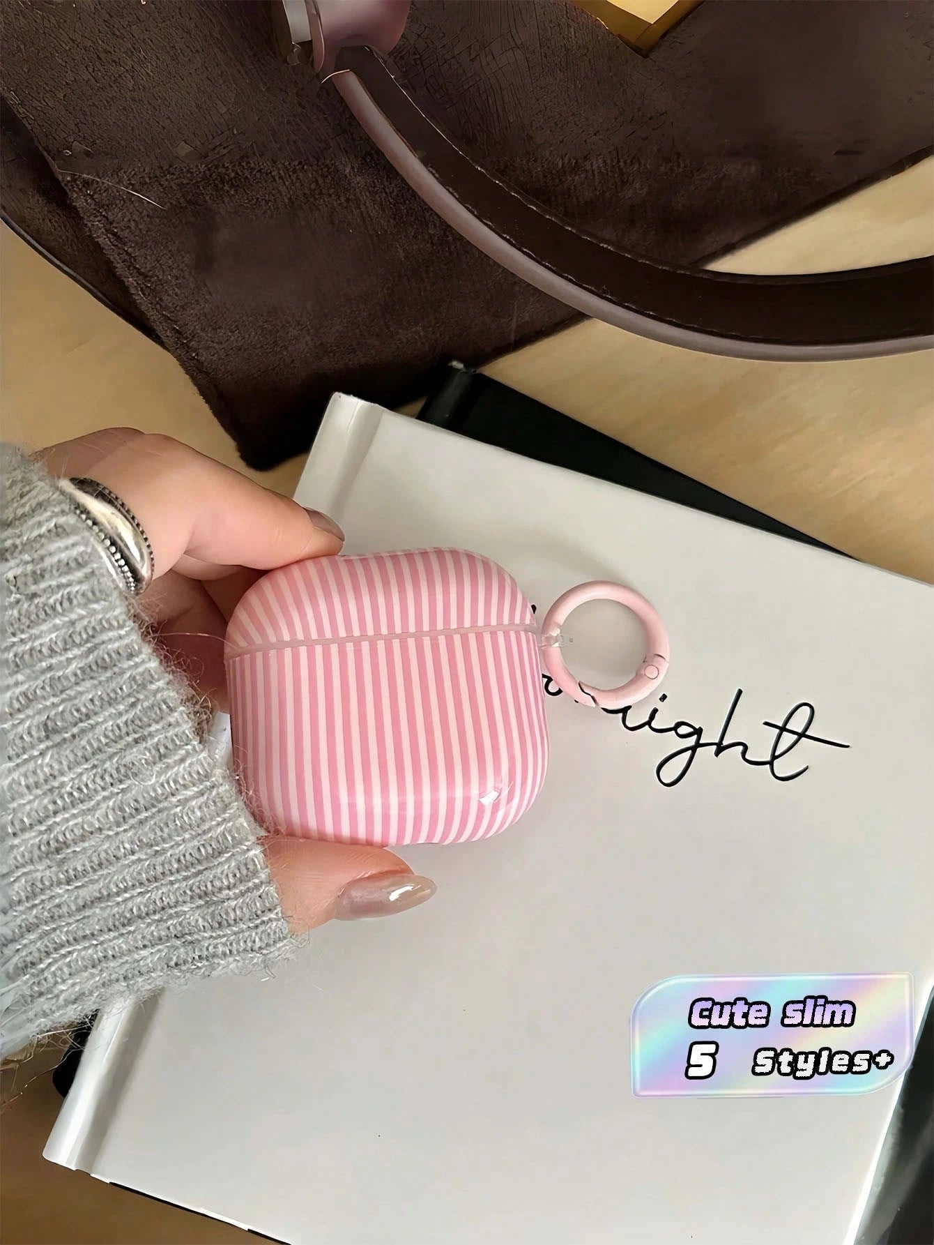 Korean Simp Pink Striped W/ Strap Ring Case For Pro3/Pro2/Pro/4/3/2, Fashion Slim Protective Cover For Women Daily Use