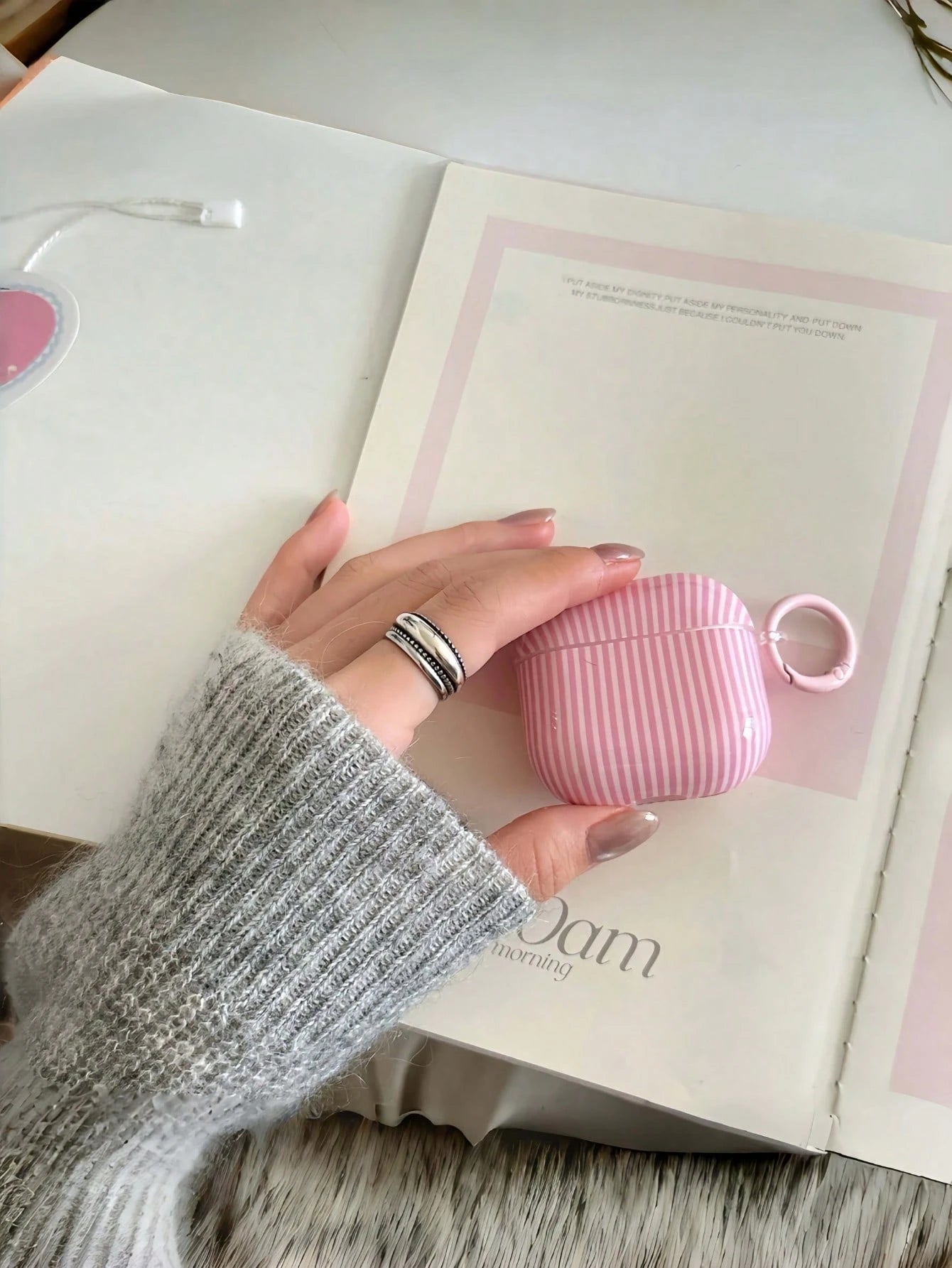 Korean Simp Pink Striped W/ Strap Ring Case For Pro3/Pro2/Pro/4/3/2, Fashion Slim Protective Cover For Women Daily Use