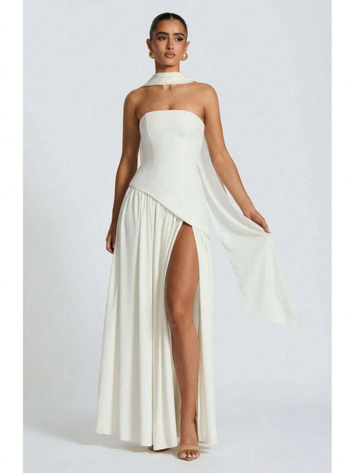 KZKZWK Colorblock Strapless High Split Maxi Dress Elegant Evening Summer Dress For Women