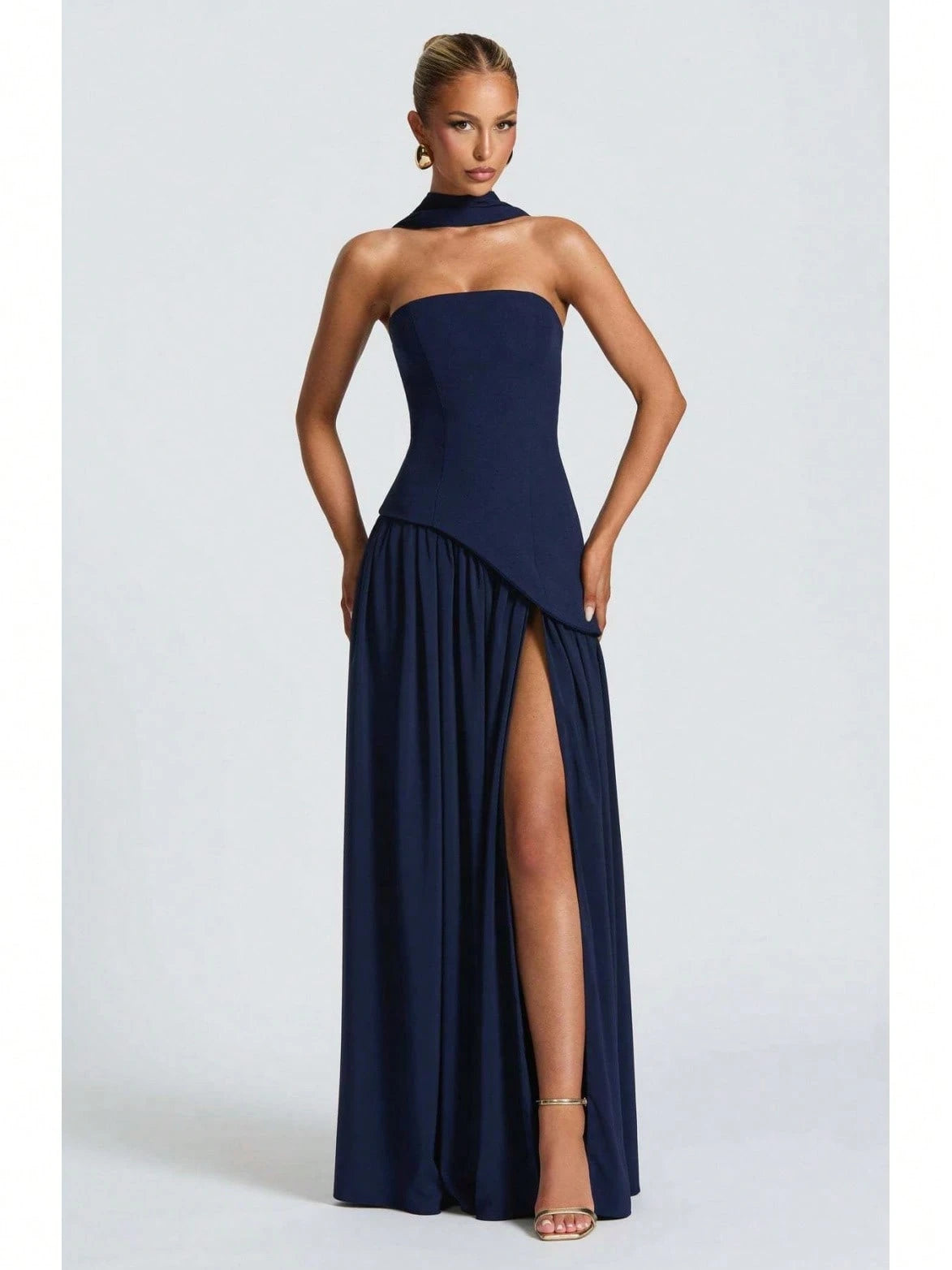 KZKZWK Colorblock Strapless High Split Maxi Dress Elegant Evening Summer Dress For Women