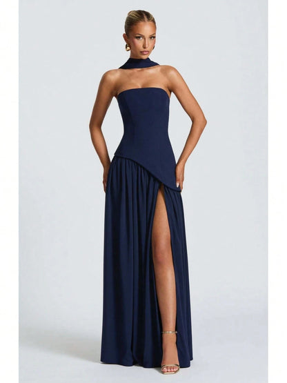 KZKZWK Colorblock Strapless High Split Maxi Dress Elegant Evening Summer Dress For Women