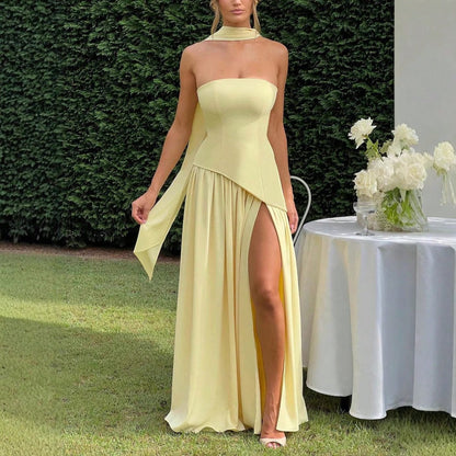KZKZWK Colorblock Strapless High Split Maxi Dress Elegant Evening Summer Dress For Women