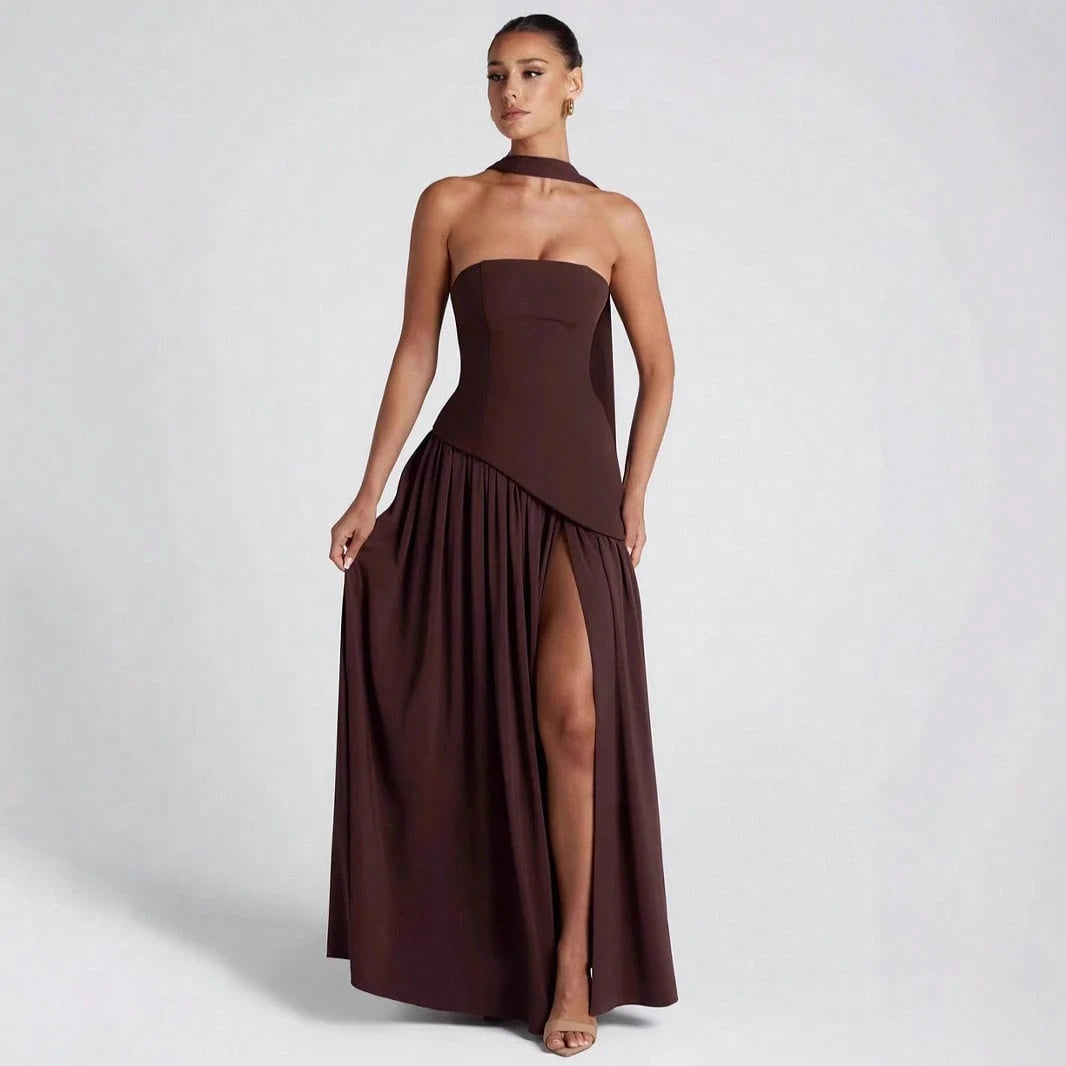 KZKZWK Colorblock Strapless High Split Maxi Dress Elegant Evening Summer Dress For Women