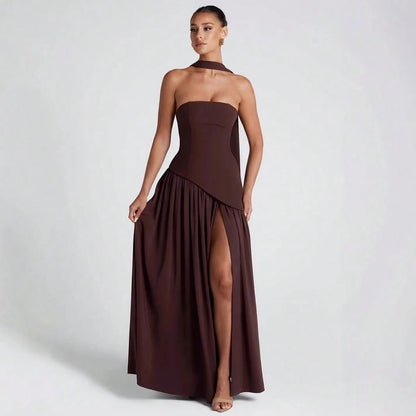 KZKZWK Colorblock Strapless High Split Maxi Dress Elegant Evening Summer Dress For Women