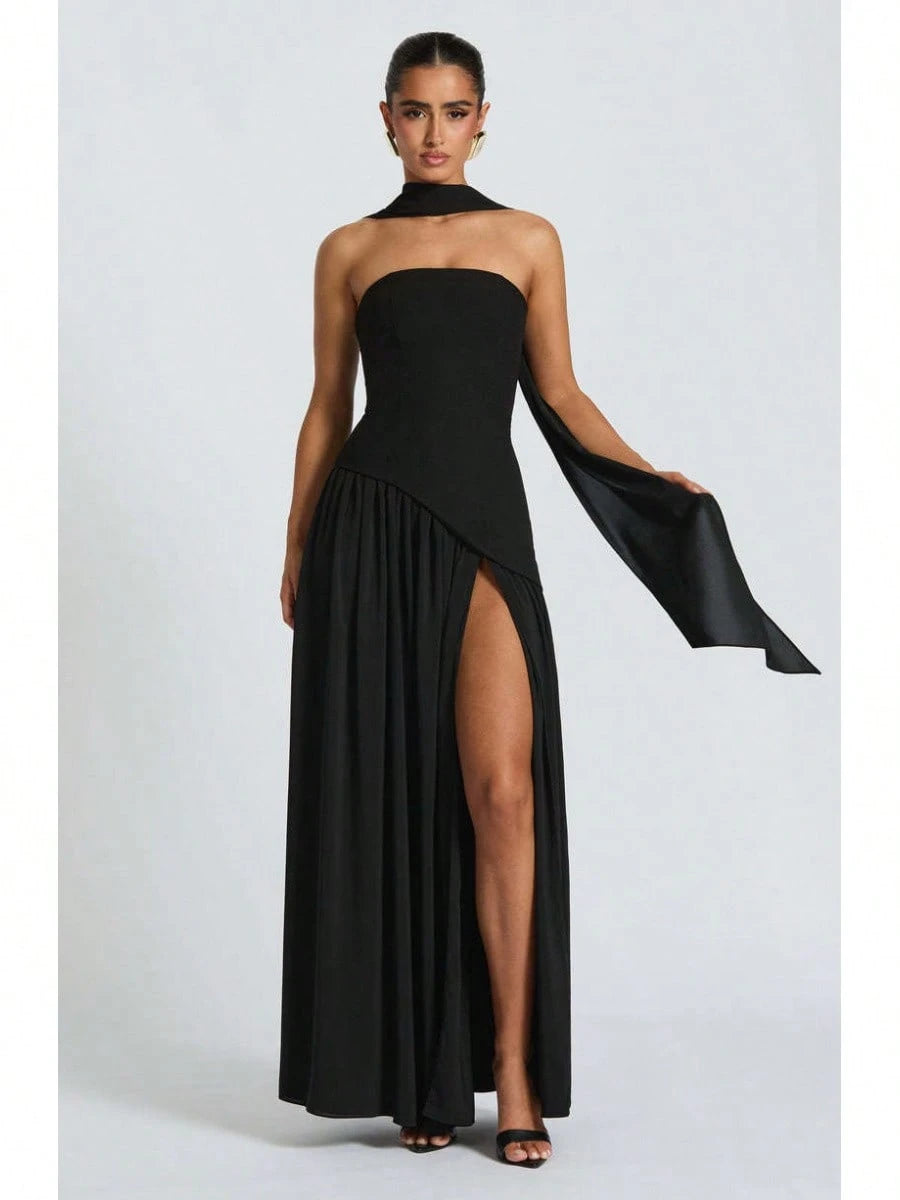 KZKZWK Colorblock Strapless High Split Maxi Dress Elegant Evening Summer Dress For Women