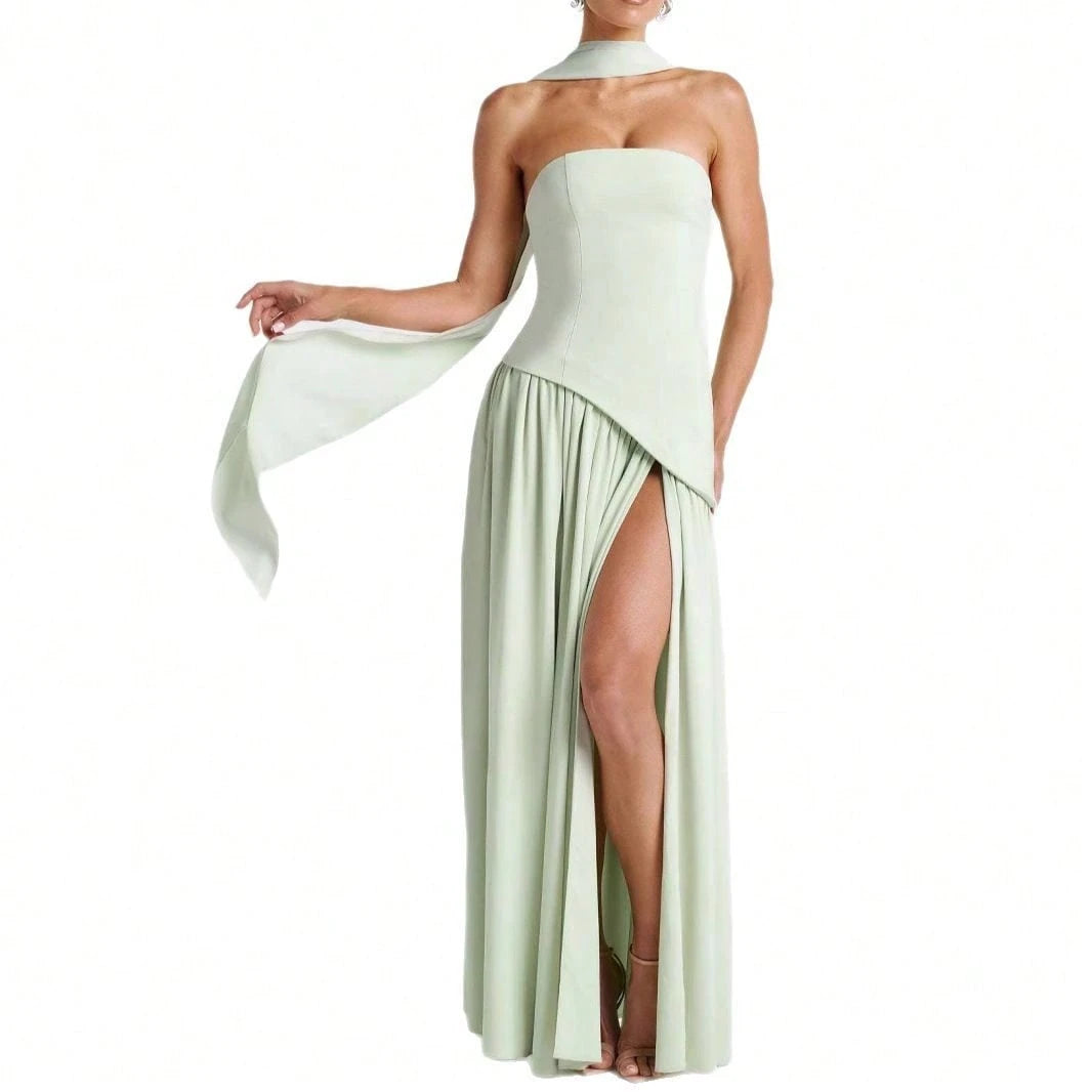 KZKZWK Colorblock Strapless High Split Maxi Dress Elegant Evening Summer Dress For Women