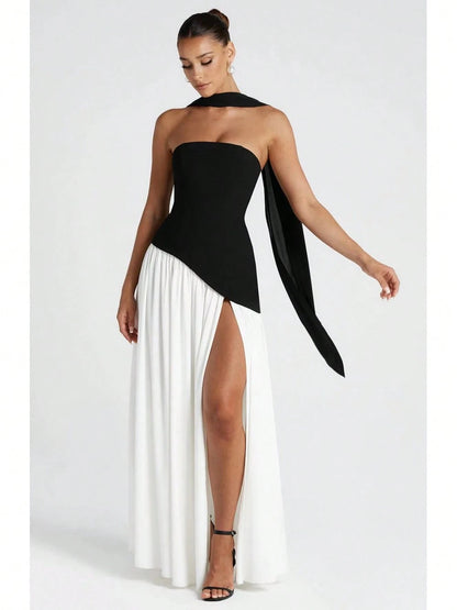 KZKZWK Colorblock Strapless High Split Maxi Dress Elegant Evening Summer Dress For Women
