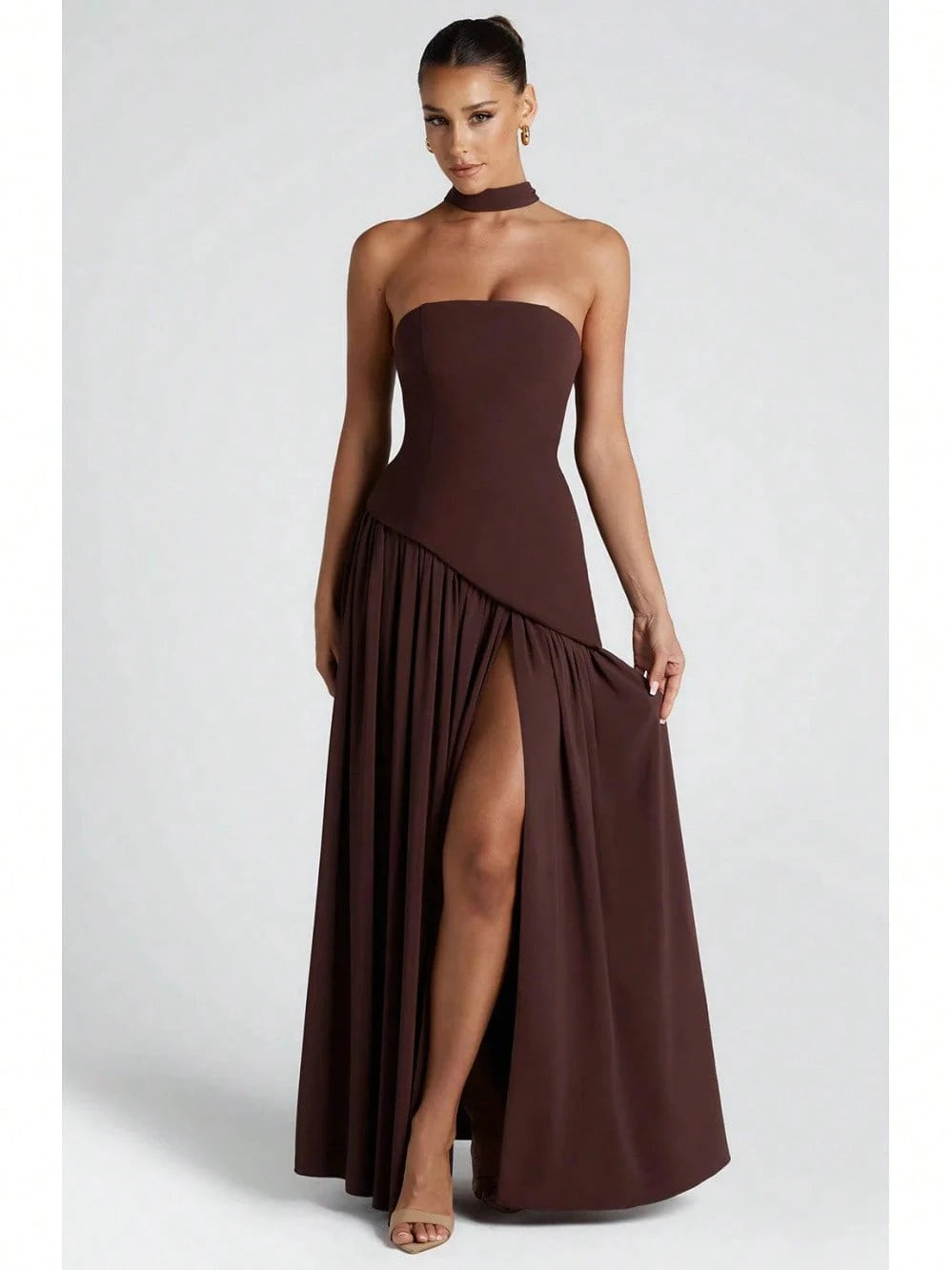 KZKZWK Colorblock Strapless High Split Maxi Dress Elegant Evening Summer Dress For Women