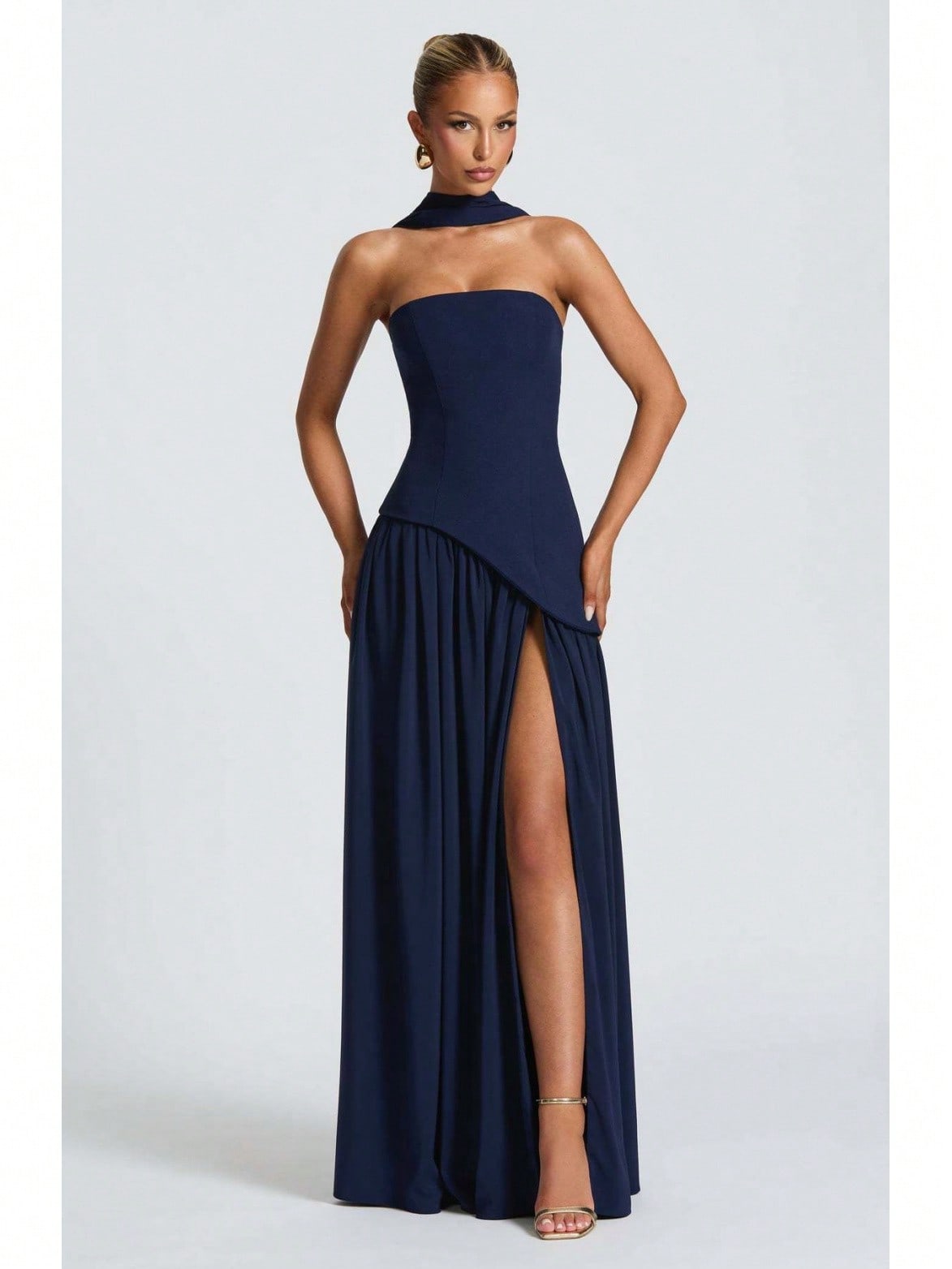 KZKZWK Colorblock Strapless High Split Maxi Dress Elegant Evening Summer Dress For Women