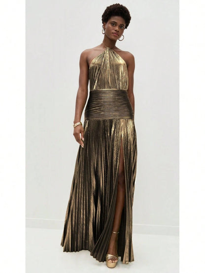 KZKZWK Metallic Pleated Halter Maxi Dress, Ruched Waist With Front Slit, Elegant Evening Gown For Prom & Weddings