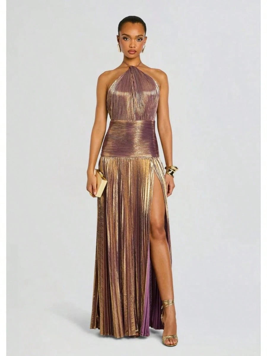 KZKZWK Metallic Pleated Halter Maxi Dress, Ruched Waist With Front Slit, Elegant Evening Gown For Prom & Weddings
