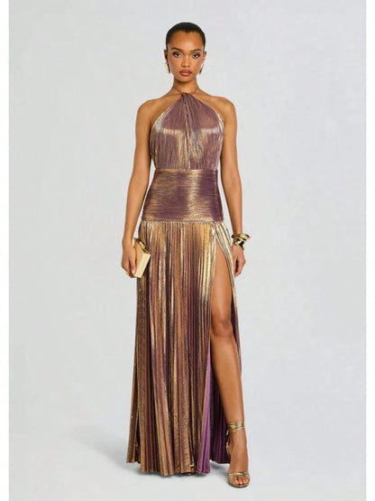 KZKZWK Metallic Pleated Halter Maxi Dress, Ruched Waist With Front Slit, Elegant Evening Gown For Prom & Weddings