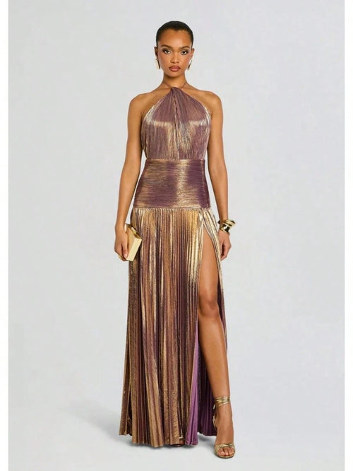 KZKZWK Metallic Pleated Halter Maxi Dress, Ruched Waist With Front Slit, Elegant Evening Gown For Prom & Weddings