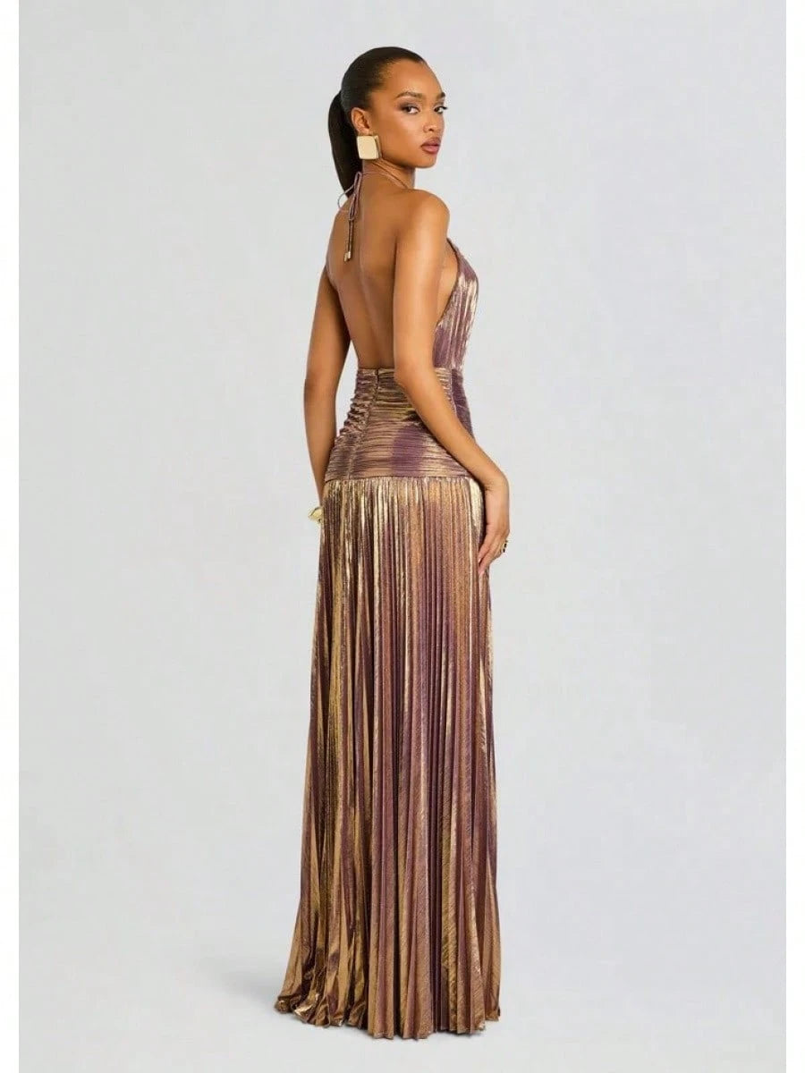 KZKZWK Metallic Pleated Halter Maxi Dress, Ruched Waist With Front Slit, Elegant Evening Gown For Prom & Weddings