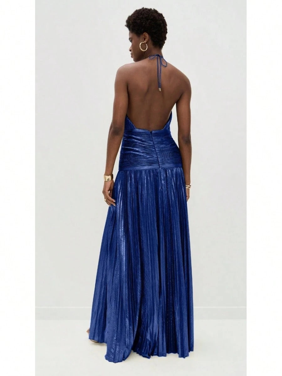 KZKZWK Metallic Pleated Halter Maxi Dress, Ruched Waist With Front Slit, Elegant Evening Gown For Prom & Weddings