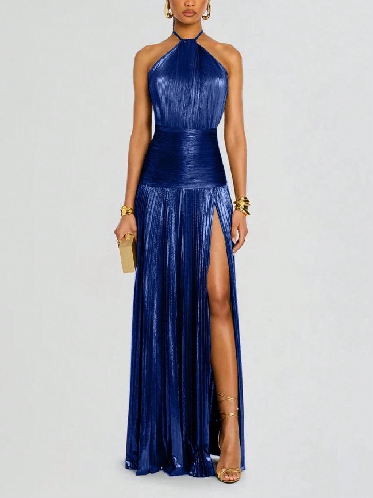 KZKZWK Metallic Pleated Halter Maxi Dress, Ruched Waist With Front Slit, Elegant Evening Gown For Prom & Weddings