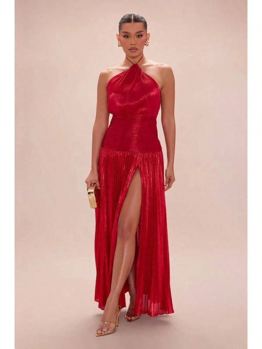 KZKZWK Metallic Pleated Halter Maxi Dress, Ruched Waist With Front Slit, Elegant Evening Gown For Prom & Weddings