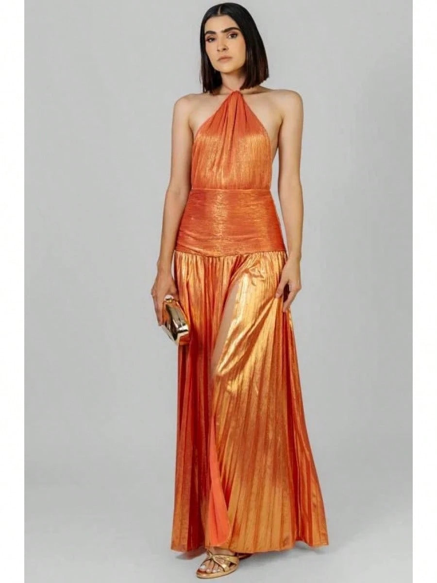 KZKZWK Metallic Pleated Halter Maxi Dress, Ruched Waist With Front Slit, Elegant Evening Gown For Prom & Weddings