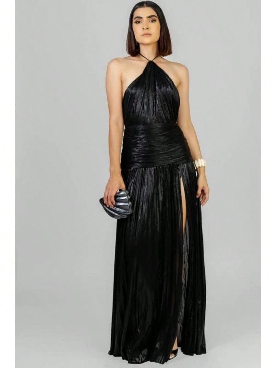 KZKZWK Metallic Pleated Halter Maxi Dress, Ruched Waist With Front Slit, Elegant Evening Gown For Prom & Weddings
