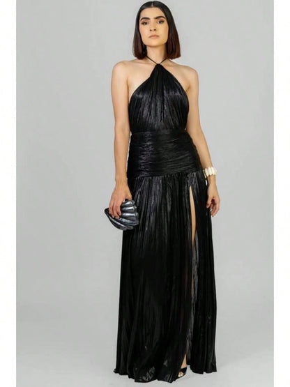 KZKZWK Metallic Pleated Halter Maxi Dress, Ruched Waist With Front Slit, Elegant Evening Gown For Prom & Weddings