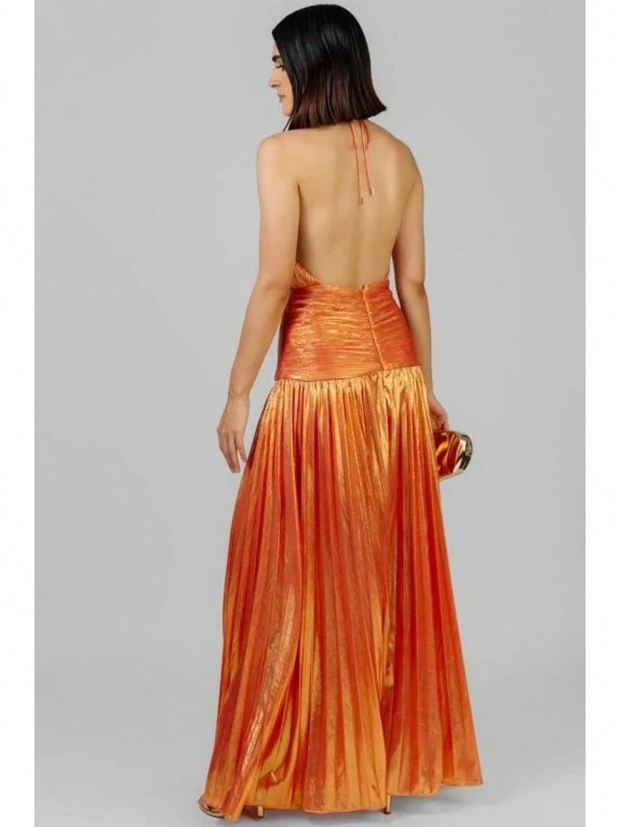 KZKZWK Metallic Pleated Halter Maxi Dress, Ruched Waist With Front Slit, Elegant Evening Gown For Prom & Weddings