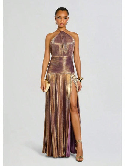 KZKZWK Metallic Pleated Halter Maxi Dress, Ruched Waist With Front Slit, Elegant Evening Gown For Prom & Weddings