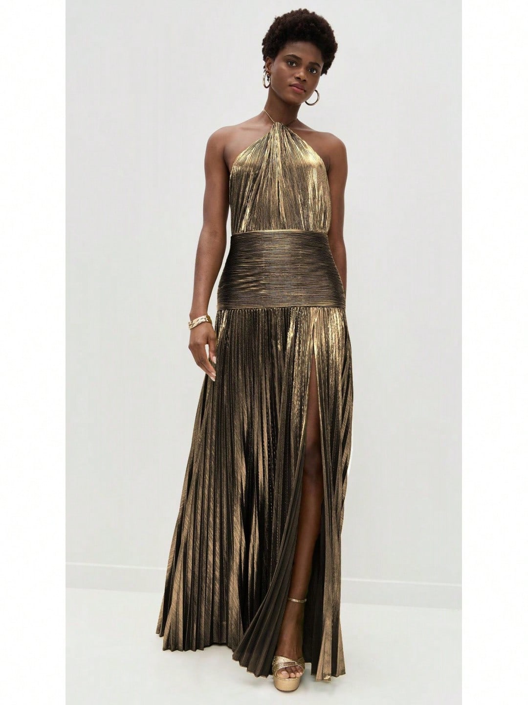 KZKZWK Metallic Pleated Halter Maxi Dress, Ruched Waist With Front Slit, Elegant Evening Gown For Prom & Weddings