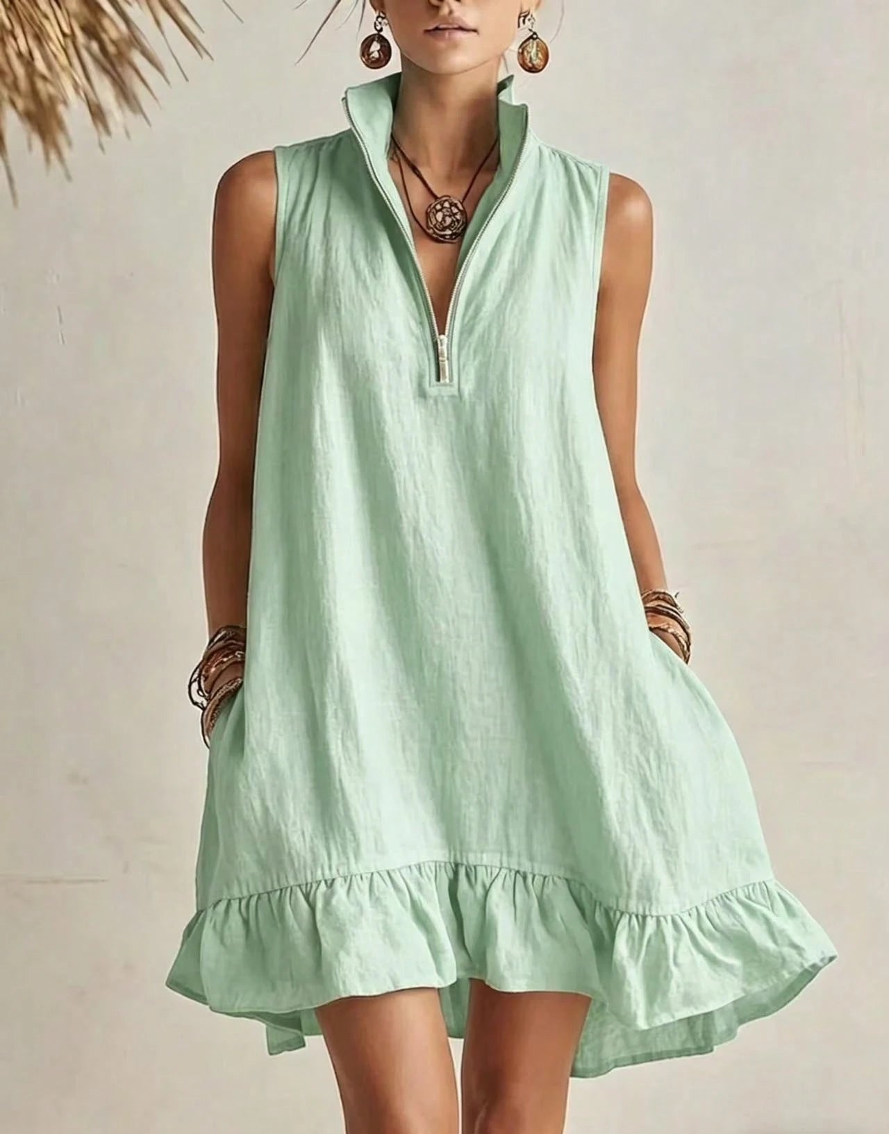 KZKZWK Women's Linen-Blend Sleeveless Mini Dress, Half Zip Stand Collar Ruffle Hem Casual Shift Dress With Pockets