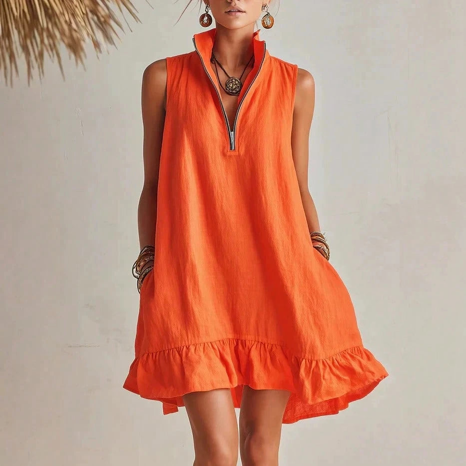 KZKZWK Women's Linen-Blend Sleeveless Mini Dress, Half Zip Stand Collar Ruffle Hem Casual Shift Dress With Pockets