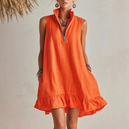 KZKZWK Women's Linen-Blend Sleeveless Mini Dress, Half Zip Stand Collar Ruffle Hem Casual Shift Dress With Pockets