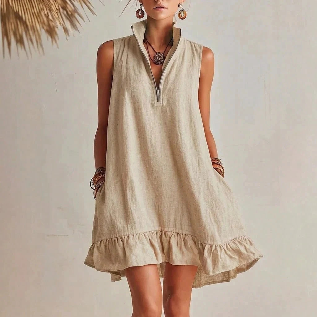 KZKZWK Women's Linen-Blend Sleeveless Mini Dress, Half Zip Stand Collar Ruffle Hem Casual Shift Dress With Pockets